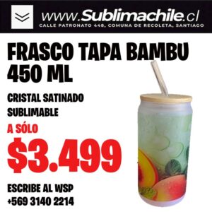 Frasco Sublimable de Vidrio Satinado 450 ml con Tapa de Bambú y Bombilla