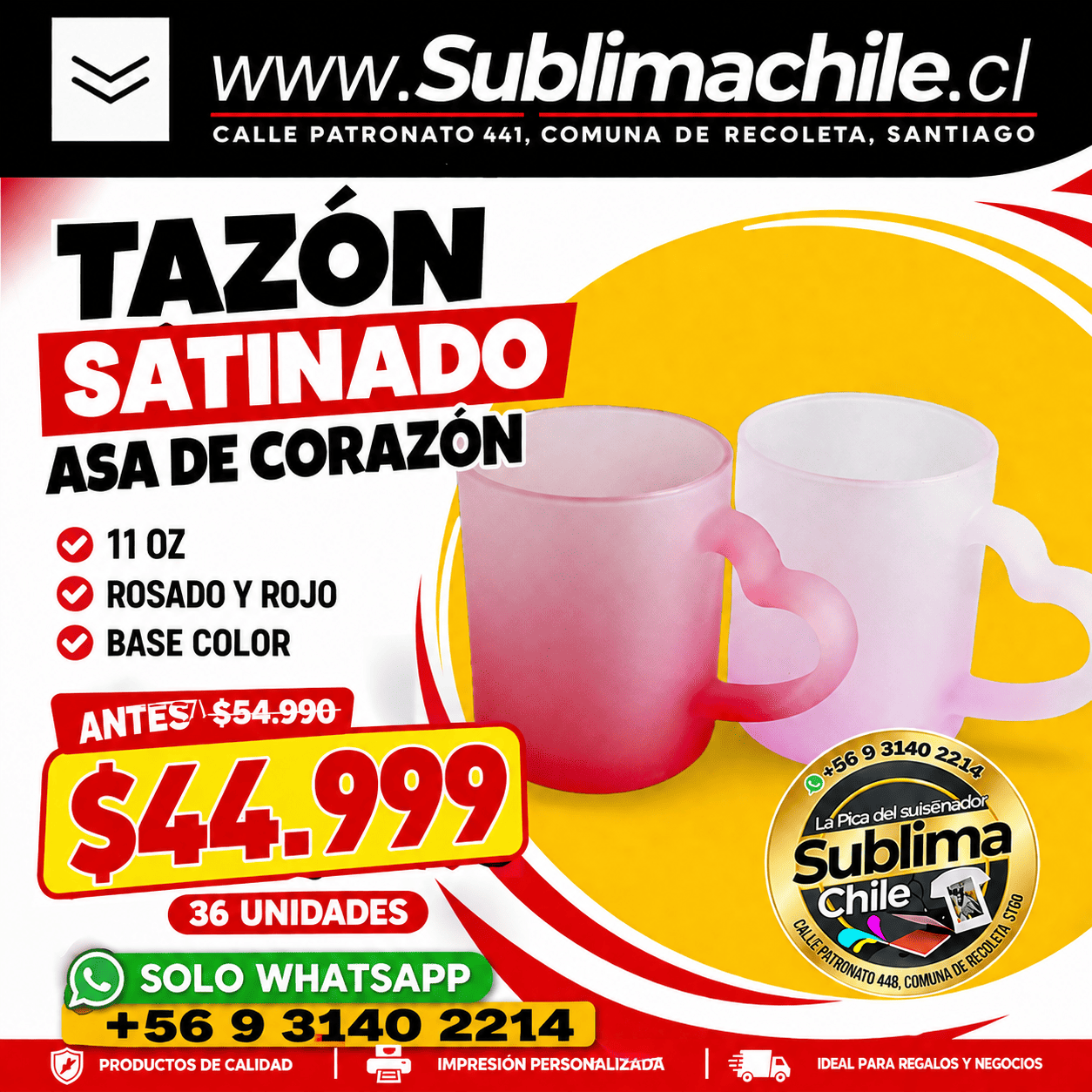 Tazones Satinados Asa Corazón para Sublimar 11 oz - Caja 36 Unidades 1 Tazones Satinados Asa Corazón para Sublimar 11 oz - Caja 36 Unidades