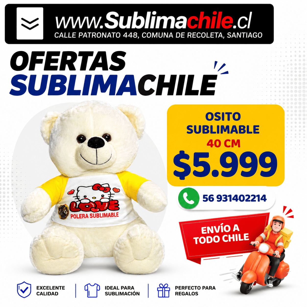 Oso de Peluche Grande 40 cm con Polera Sublimable 1 Oso de Peluche Grande 40 cm con Polera Sublimable