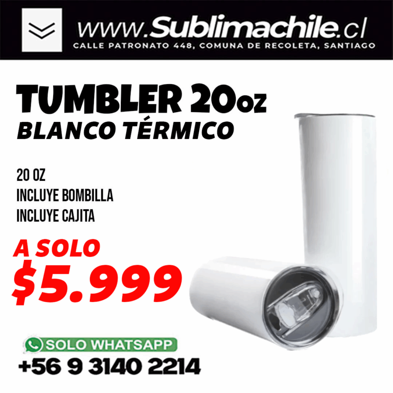 Tumbler 20oz de Aluminio Sublimable con Bombilla