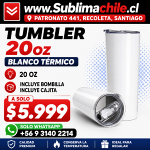 Tumbler 20oz de Aluminio Sublimable con Bombilla