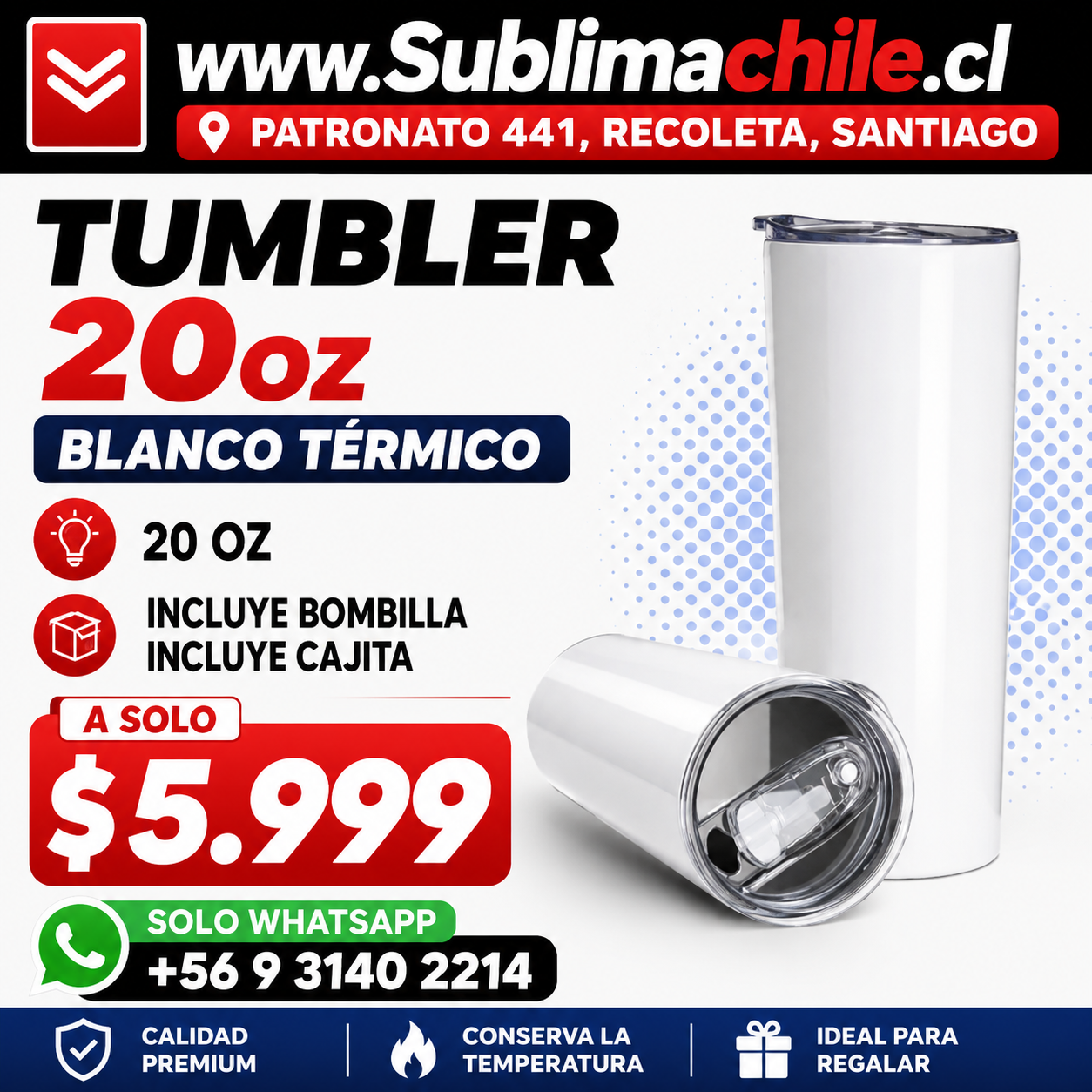 Tumbler 20oz de Aluminio Sublimable con Bombilla 1 Tumbler 20oz de Aluminio Sublimable con Bombilla