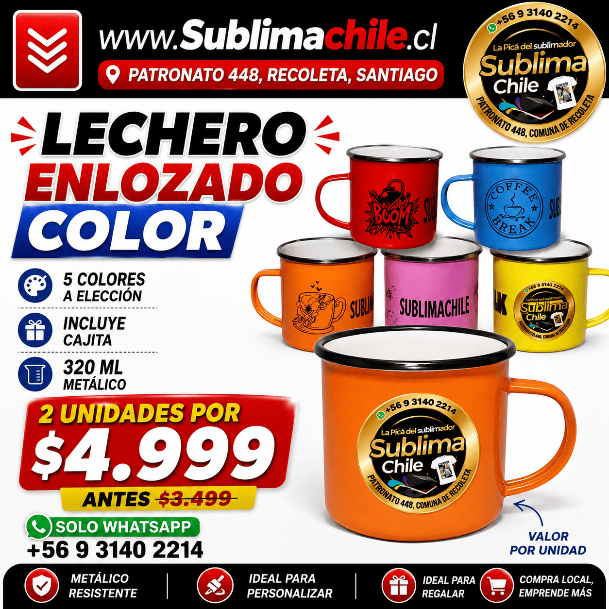 Lechero Enlozado Color para Sublimación 2 x $5.000 1 Lechero Enlozado Color para Sublimación 2 x $5.000