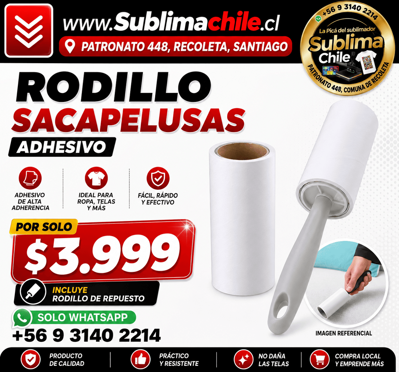 Rodillo SACAPELUSAS Adhesivo - Incluye Rodillo de Respuesto 1 Rodillo SACAPELUSAS Adhesivo - Incluye Rodillo de Respuesto