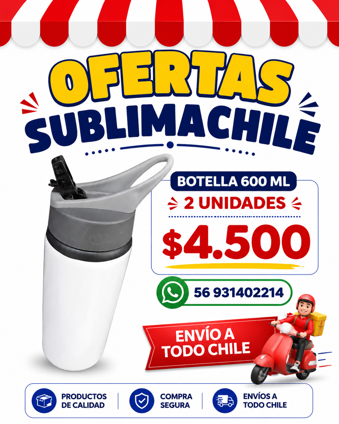 Botella Sublimable 600 ml con Bombilla Retráctil 1 Botella Sublimable 600 ml con Bombilla Retráctil
