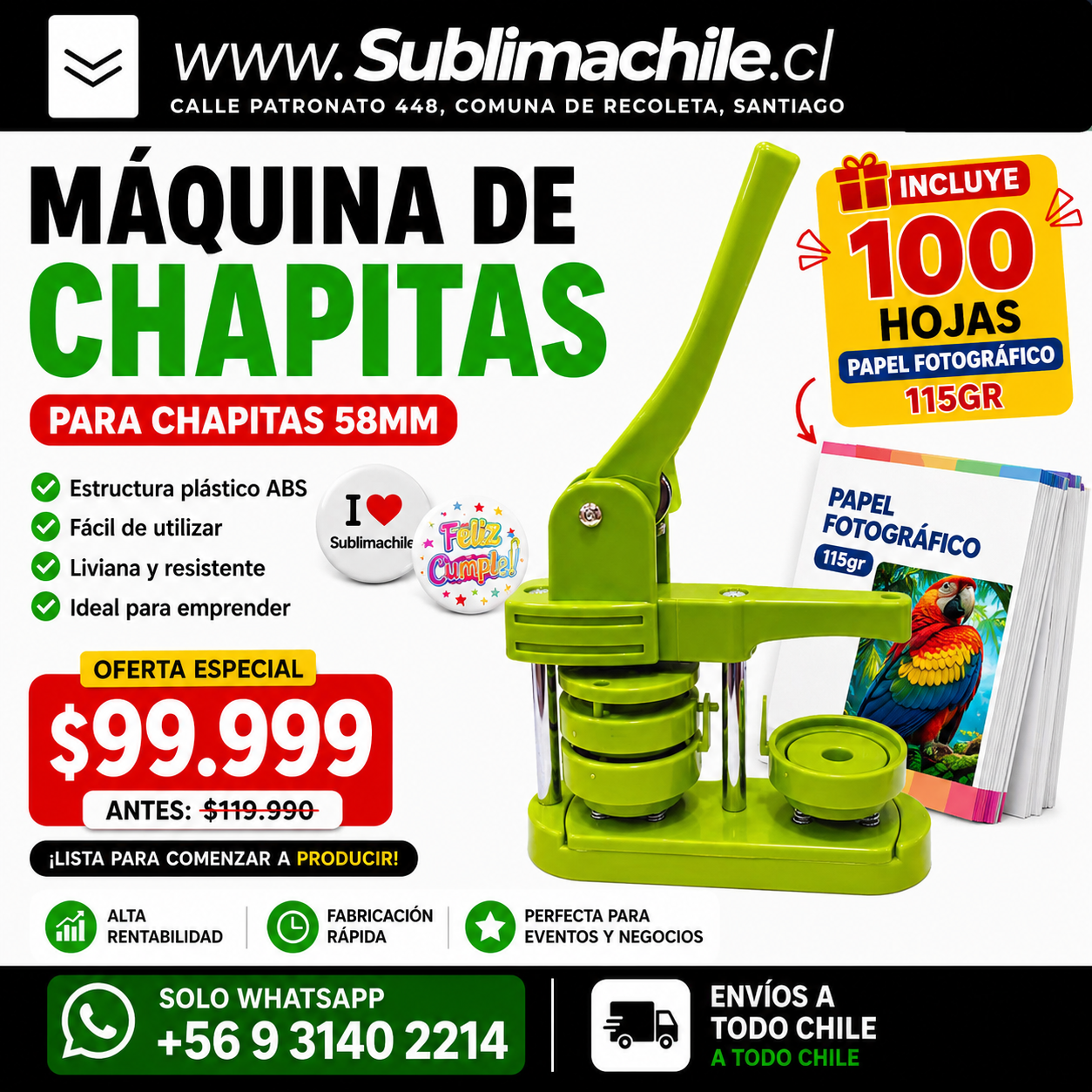 Máquina de Chapitas 58 mm + Papel Foto 115gr 1 Máquina de Chapitas 58 mm + Papel Foto 115gr