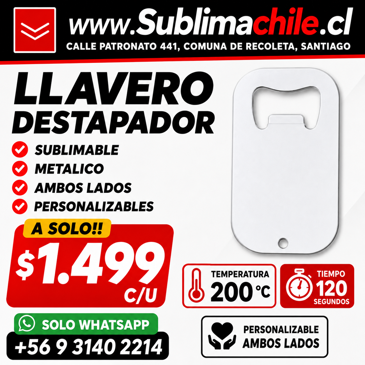 Llavero Destapador Sublimable 3.5x7 cm Doble Cara 1 Llavero Destapador Sublimable 3.5x7 cm Doble Cara