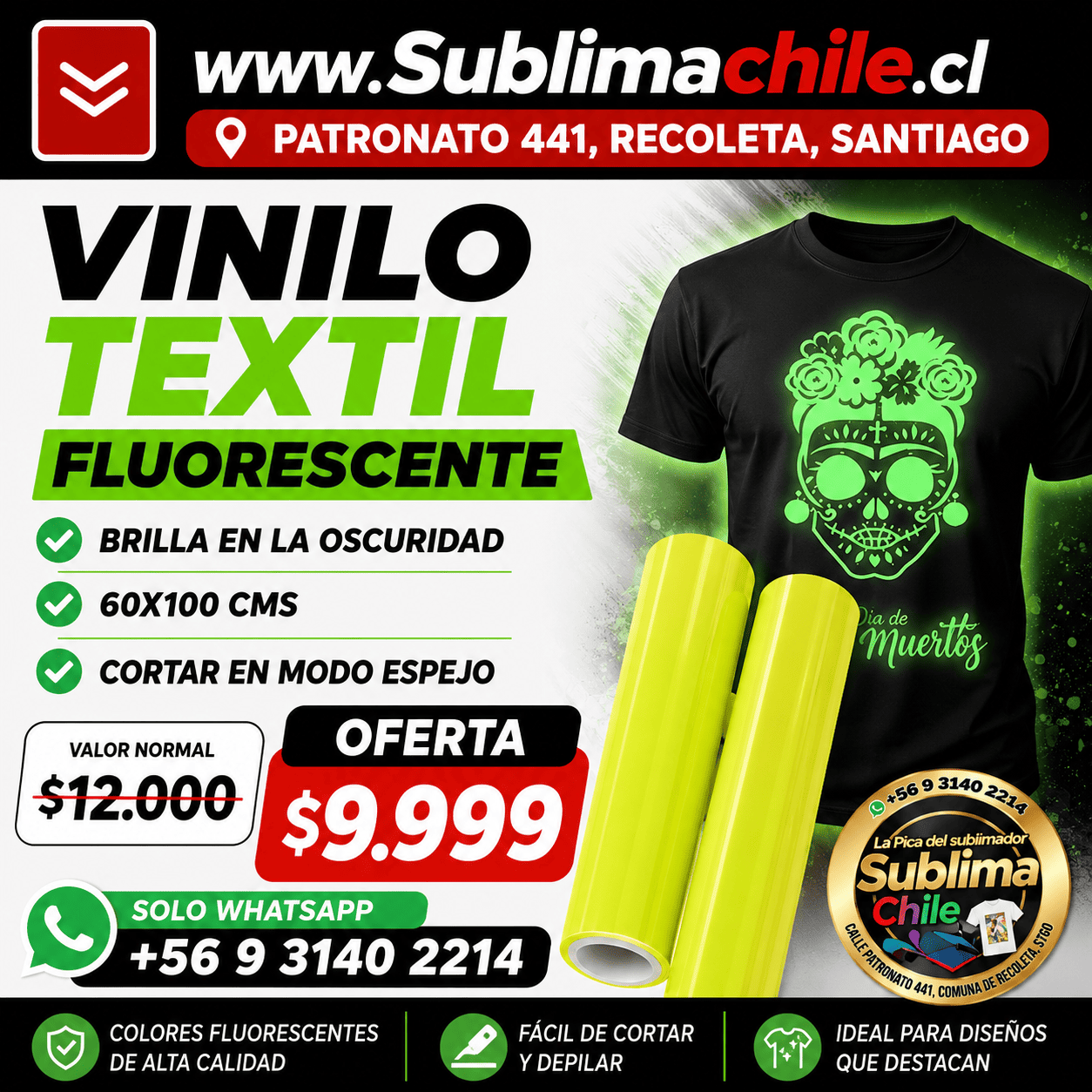 Vinilo Textil Fluorescente 60x100 cm que Brilla en la Oscuridad 1 Vinilo Textil Fluorescente 60x100 cm que Brilla en la Oscuridad