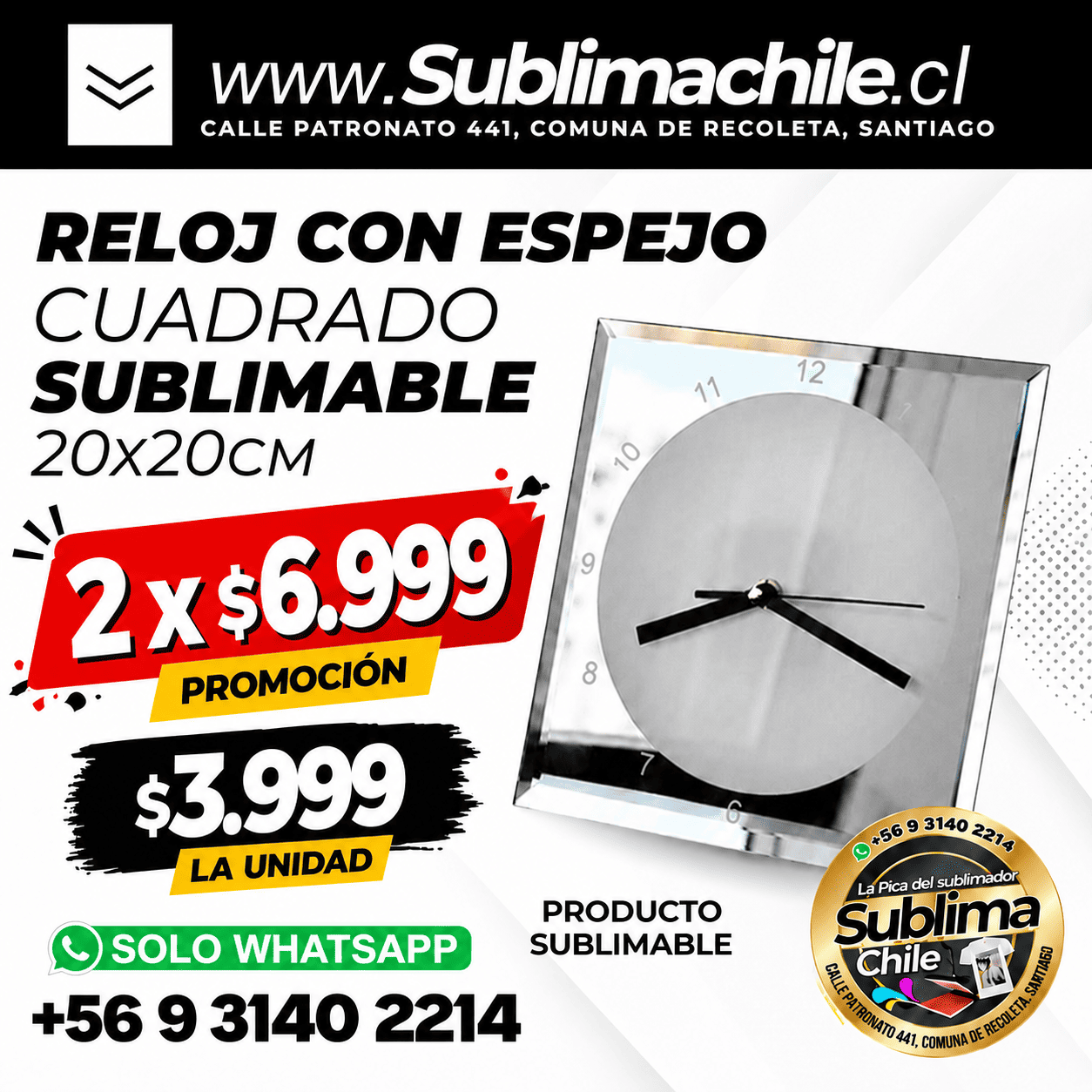 Reloj Espejo Sublimable 20x20 1 Reloj Espejo Sublimable 20x20