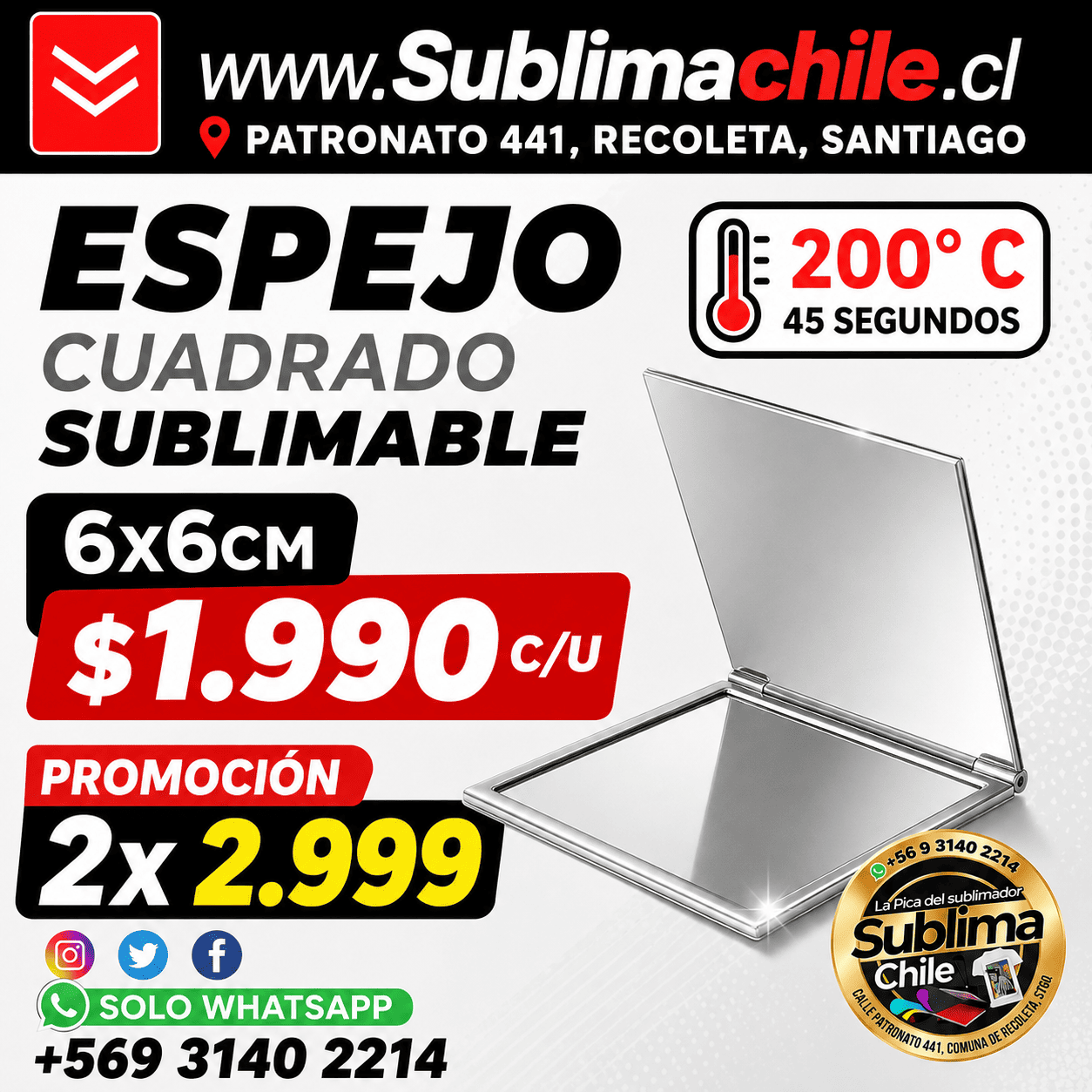 Espejo Cuadrado Sublimable 6x6 1 Espejo Cuadrado Sublimable 6x6