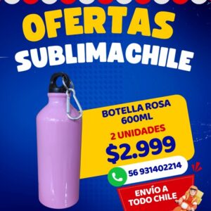 Botella rosada sublimable 600 ml pack 2 unidades Sublimachile