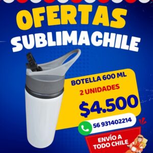 Botella sublimable 600 ml con bombilla retractil pack 2 unidades Sublimachile