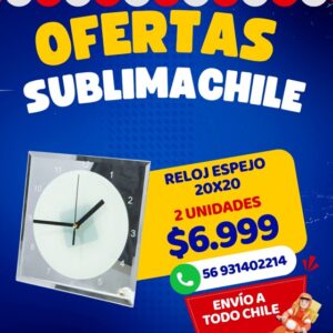 Reloj espejo sublimable 20x20 cm pack 2 unidades Sublimachile