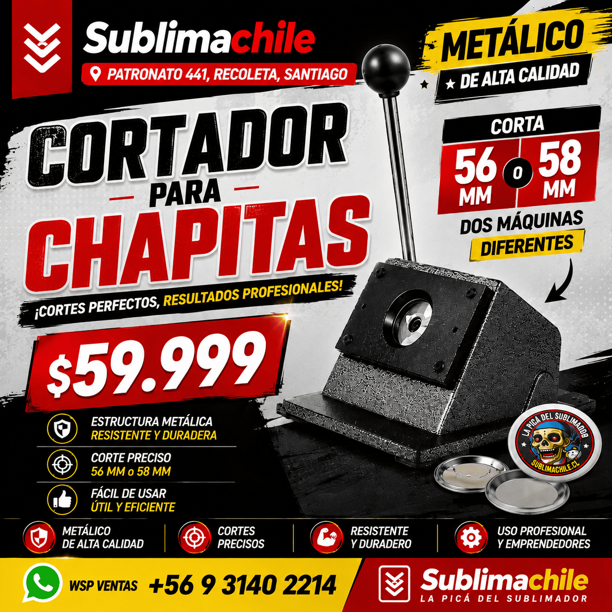 Cortador Metálico para Chapitas – Disponible en 56 mm o 58 mm 1 Cortador Metálico para Chapitas – Disponible en 56 mm o 58 mm